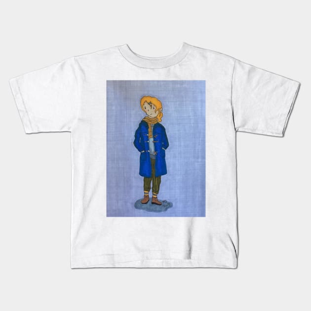 Girl In Blue Toggle Coat Cute Autumn Marker Illustration Kids T-Shirt by Thedisc0panda